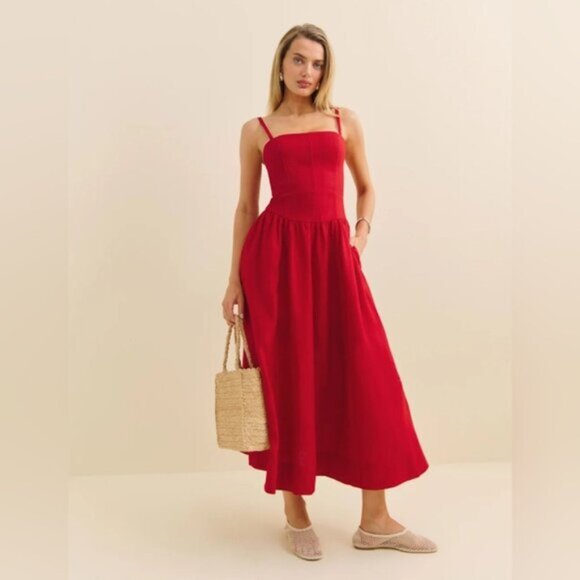 NEW Reformation Katarin Linen Midi Dress Lipstick Red Lace Detail | US 6 UK 10 - Picture 2 of 15